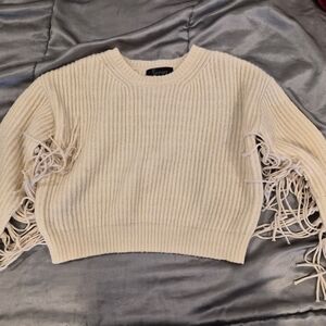 Fringe Sleeve Ribbed Crewneck Sweater - Cream